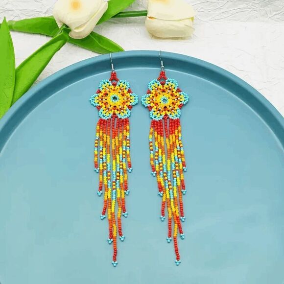 Boho Multicolor Beaded Flower Dangle Earrings - Picture 2 of 6